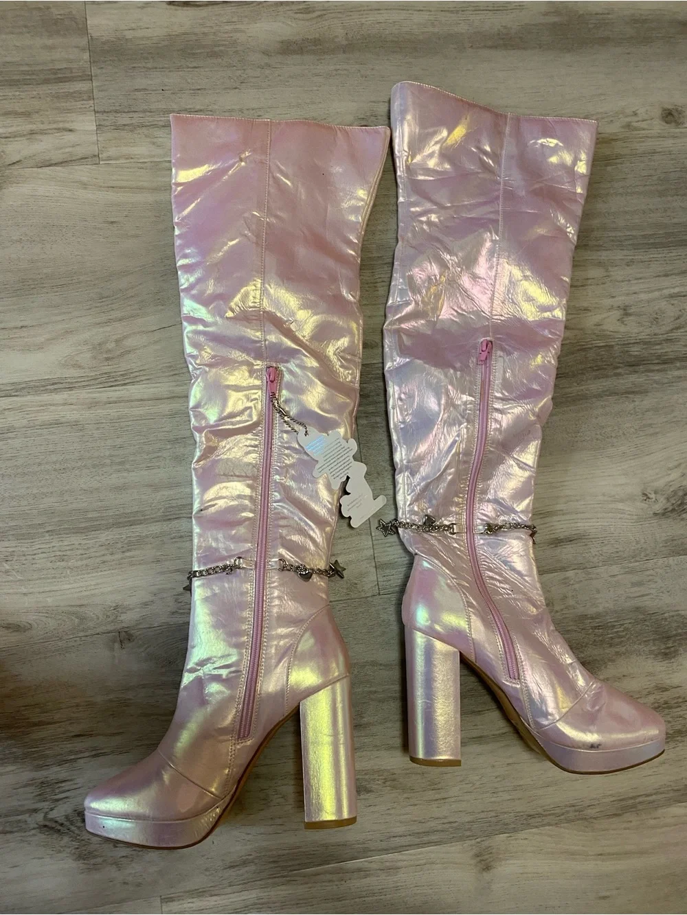 Sparkl Fairy Couture Iridescent Pink Knee-High Block Heel Boots NWT